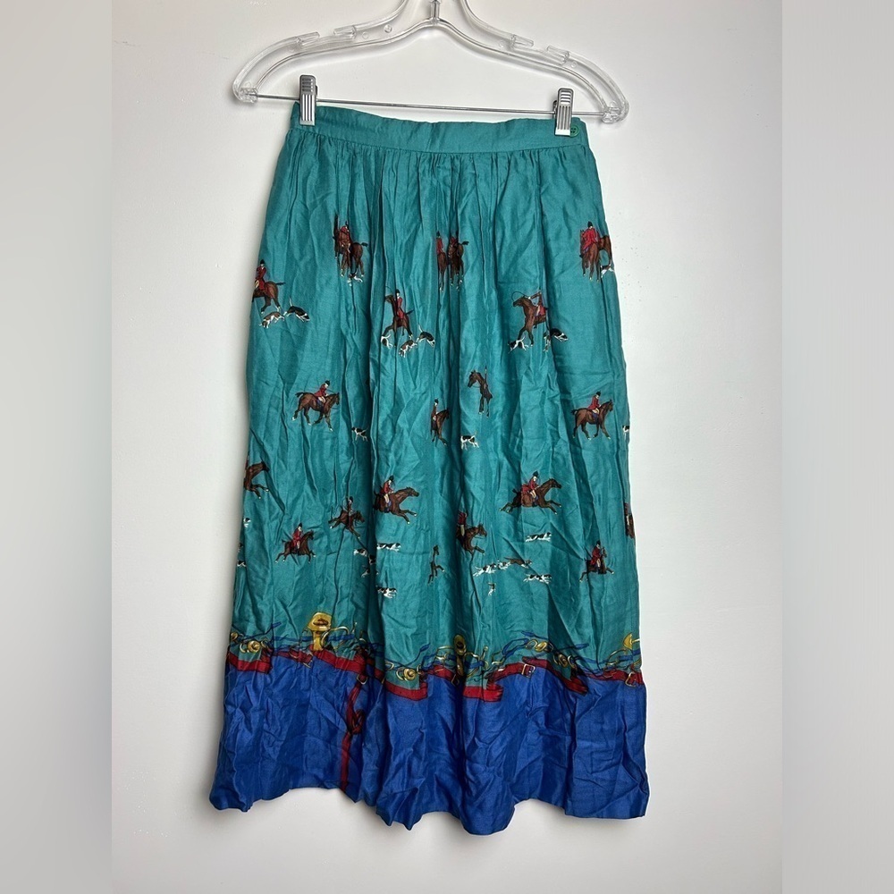 Vtg Austin Hill Blue teal Horse Polo pleated Printed‎ Old money Classic USA Made